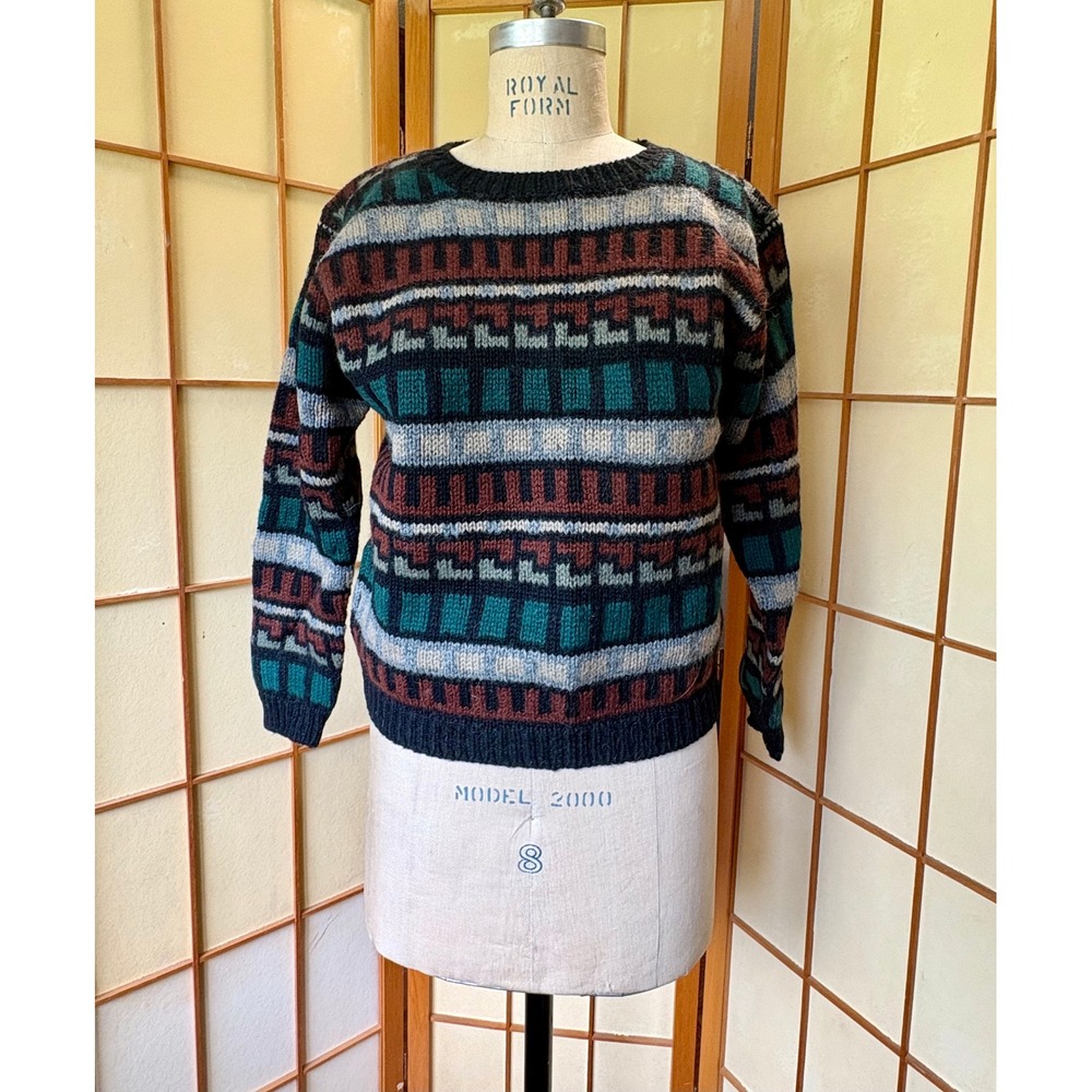 Vintage Shetland Wool Fair Isle Sweater M Teal Rust Crewneck Sky King Penny